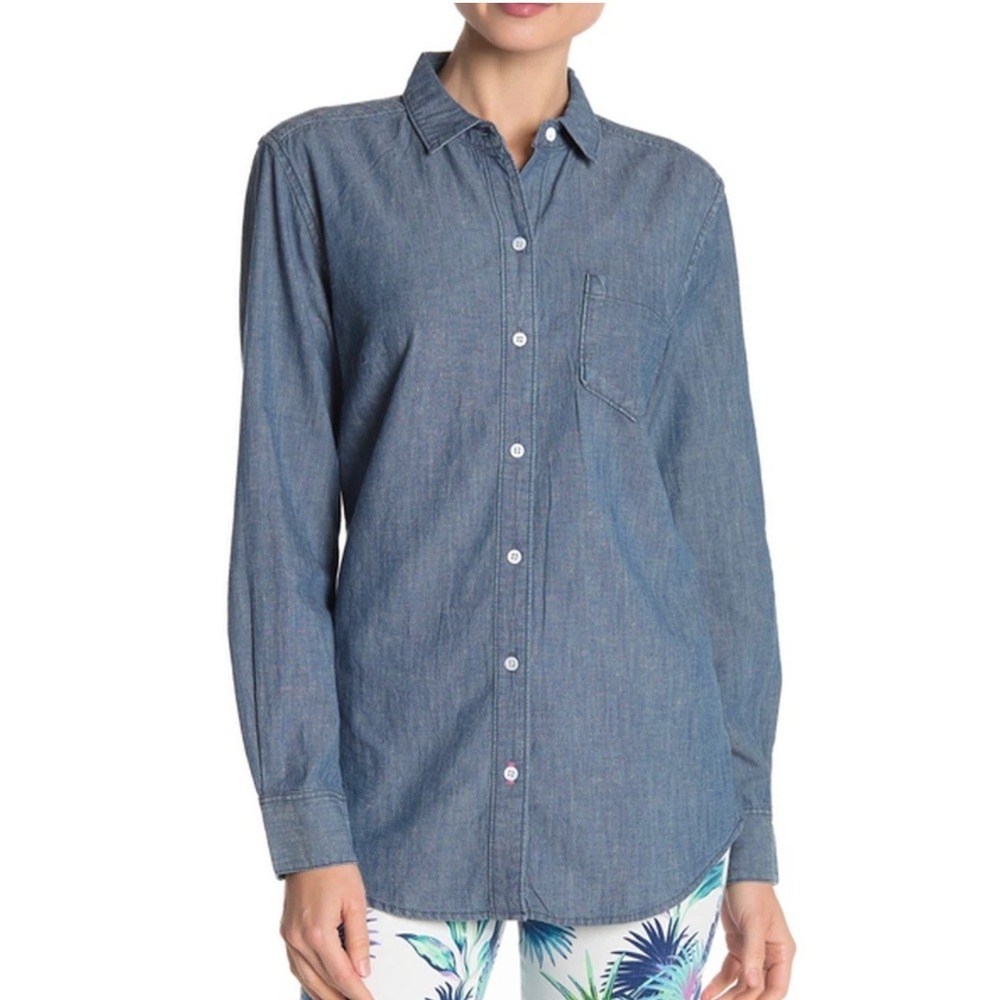 Tommy Bahama Button Front Shirt Large Blue 25 Years of Paradise Chambray Casual